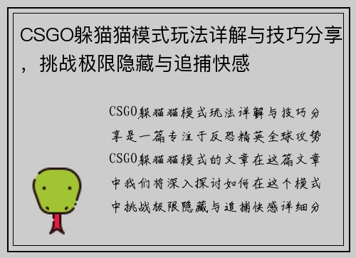 CSGO躲猫猫模式玩法详解与技巧分享，挑战极限隐藏与追捕快感